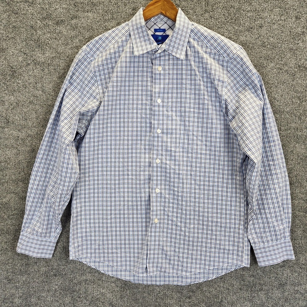 Egara Shirt Mens Large Blue White Plaid Long Sleeve Flip Cuff Button Up Cotton